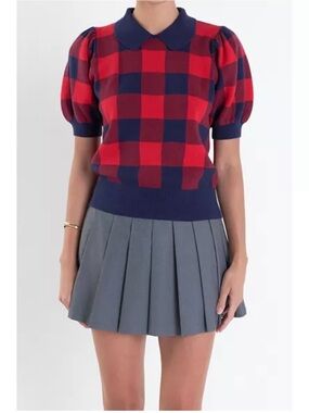 English Factory Gingham Collar Knit Top | Red/Navy | Puff Sleeve | Size L
